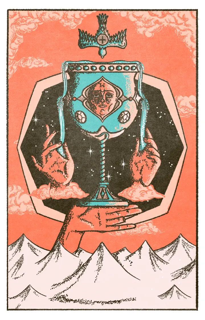 Ace of Cups: Water pours out of a cup hovering over a vast desert. Two hands attempt to catch the streams, while a third supports the cup from below.