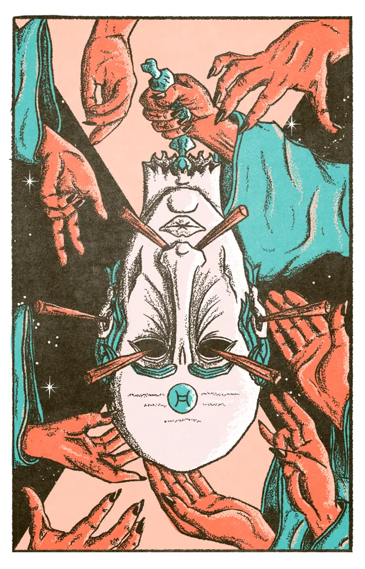 Major Arcana XII: The Hanging Man. An old man's head dangles by its spine from the grip of a spectral red hand, while other hands flutter around it. The man's eyes, ears and nostrils have been put out with wooden pegs.