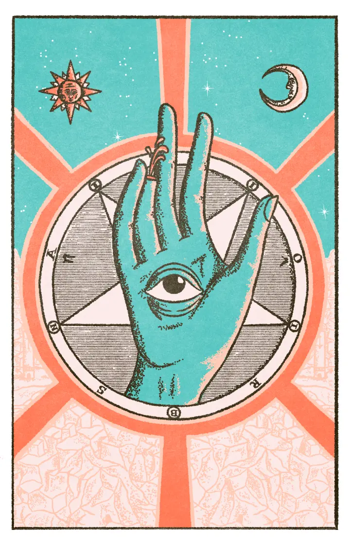 Ace of Pentacles: An eye blinks in the palm of a blue hand, floating in the middle of a large coin decorated with a pentagram. The hand's ring finger has been severed at the knuckle.