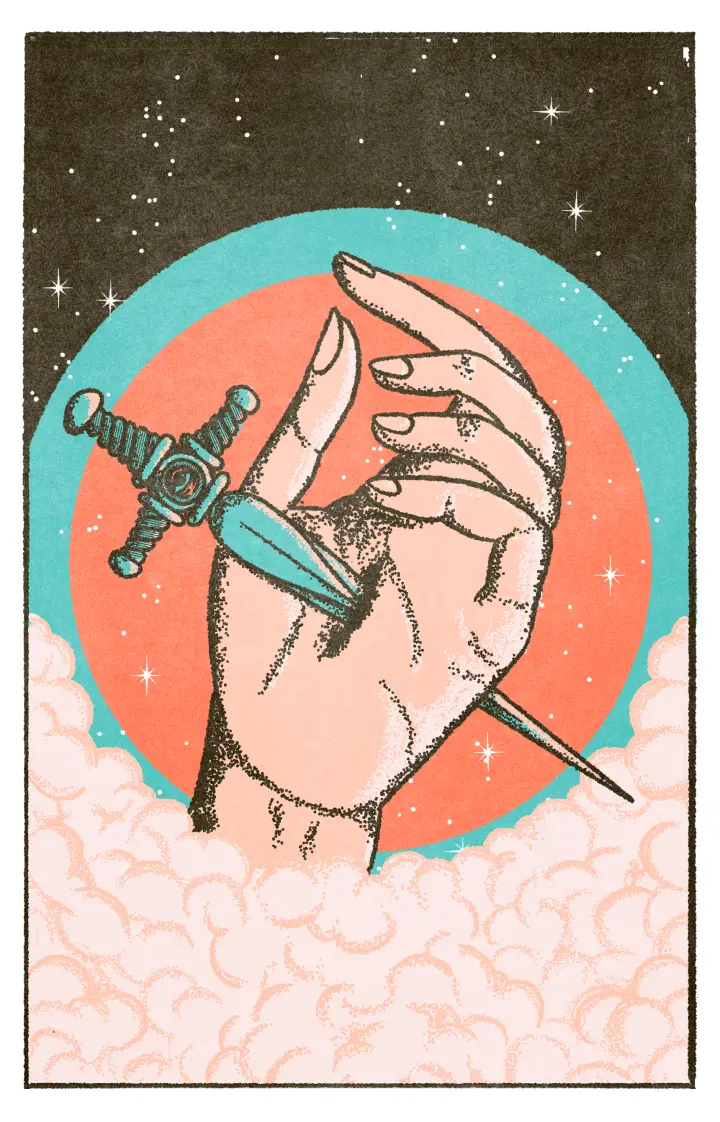 Ace of Swords: A sword pierces the palm of a giant celestial hand emerging from clouds into space.